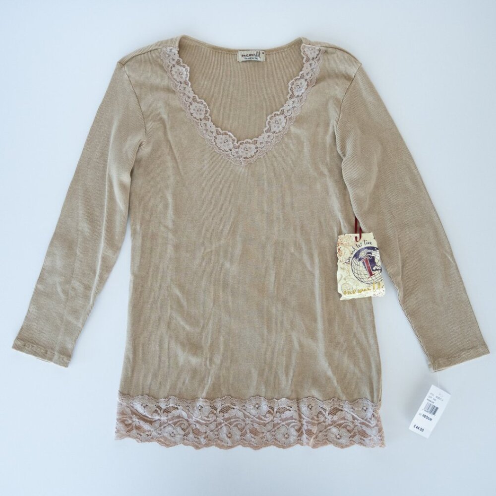 One World Khaki Lace Trimmed Ribbed V-Neck Shirt Y2K